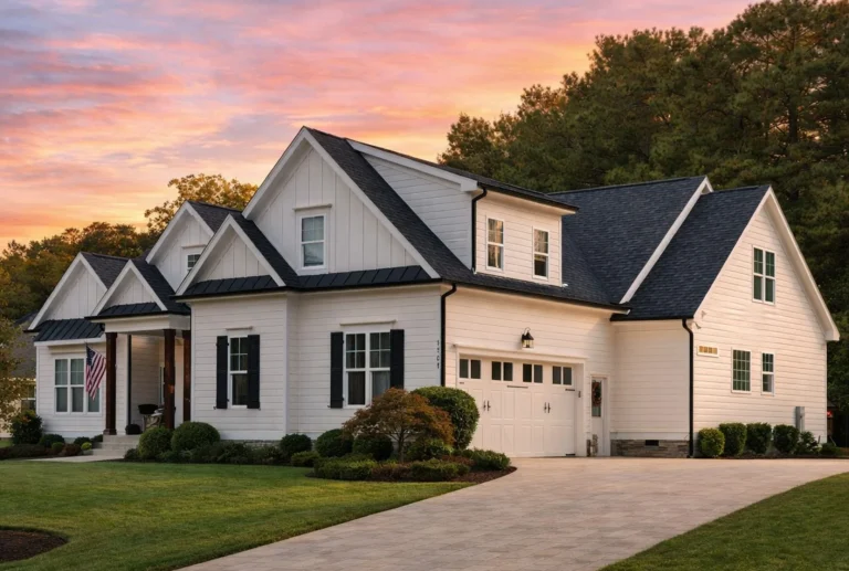 Front elevation of a modern farmhouse style home featuring board and batten siding, stone accents, gabled rooflines, and a covered front porch