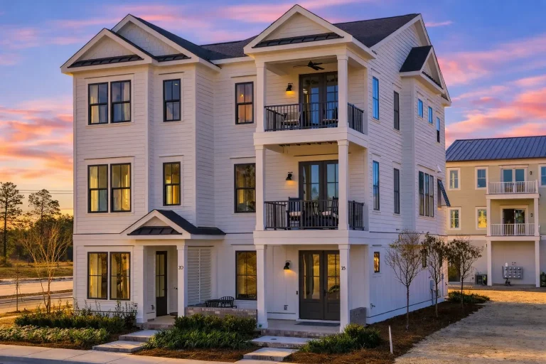 Front elevation of a Modern Traditional three-story house featuring horizontal siding, stone accents, symmetrical windows, and clean suburban curb appeal