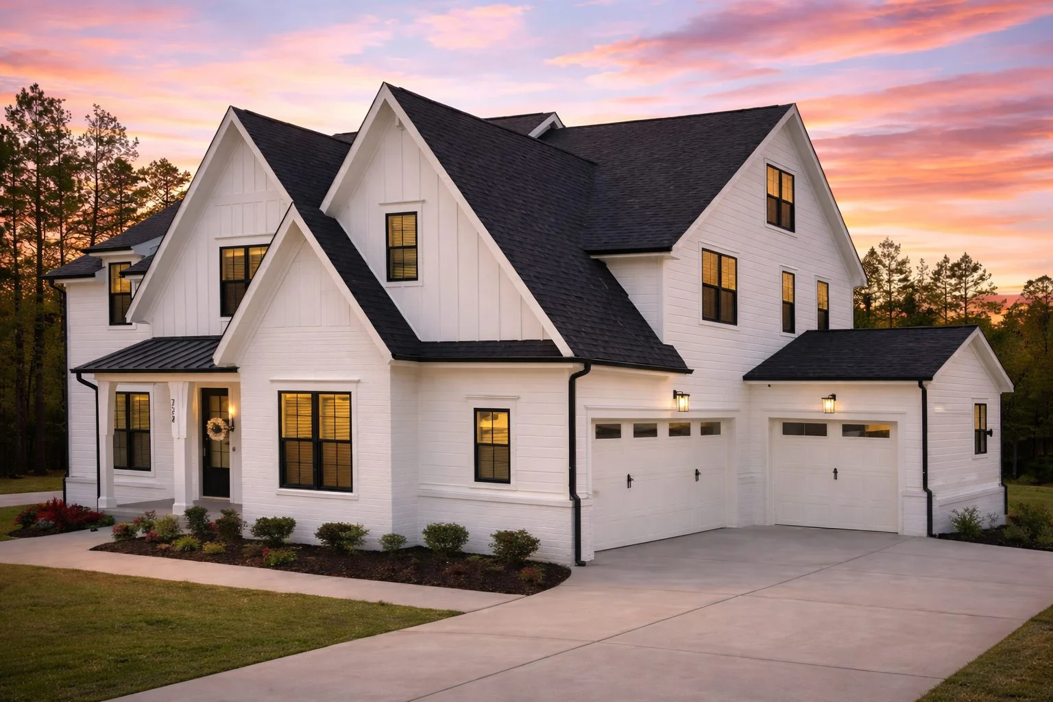 Front view of Modern Farmhouse style home featuring white painted brick, board and batten siding, black metal roofing accents, and dark window frames surrounded by manicured landscaping