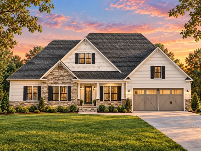 Top Designer-Approved House Plans 17 Front view of Modern Farmhouse style home featuring board and batten, horizontal siding, stone accents, and gable rooflines with a two-car garage