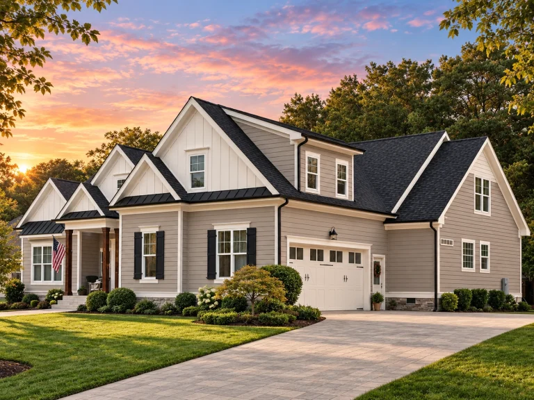 Front elevation of a modern farmhouse style home featuring board and batten siding, stone accents, gabled rooflines, and a covered front porch