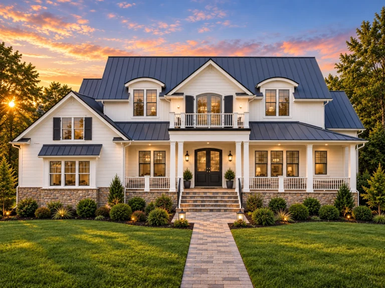 Front elevation of a Traditional Colonial and New American style home featuring horizontal siding, stone accents, and a symmetrical façade
