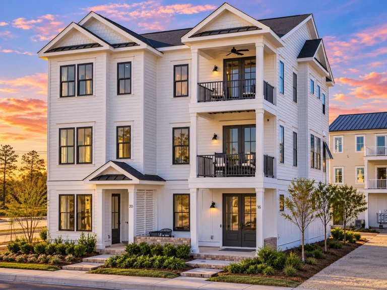 Front elevation of a Modern Traditional three-story house featuring horizontal siding, stone accents, symmetrical windows, and clean suburban curb appeal