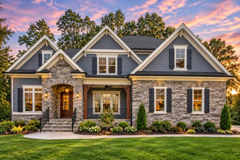 Front elevation of luxury Craftsman style home with stone veneer, horizontal lap siding, gabled rooflines, and covered porch at sunset