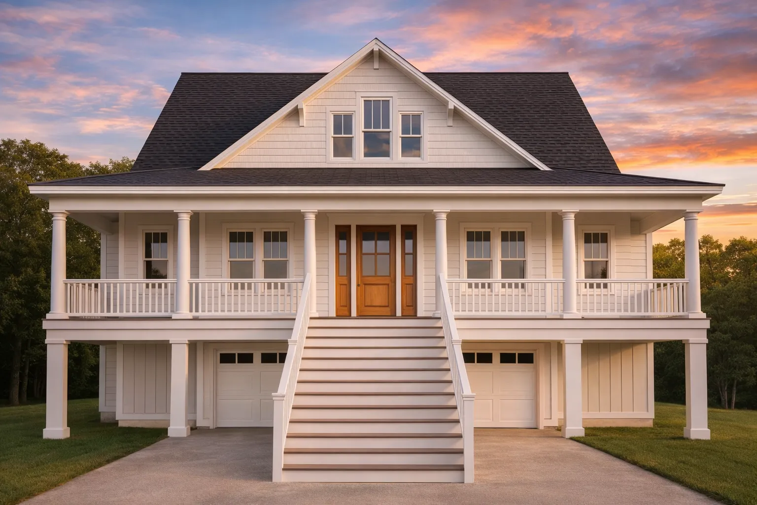 Front elevation of a Coastal Low Country home featuring horizontal siding, shingle gable accents, raised pier foundation, and a metal roof