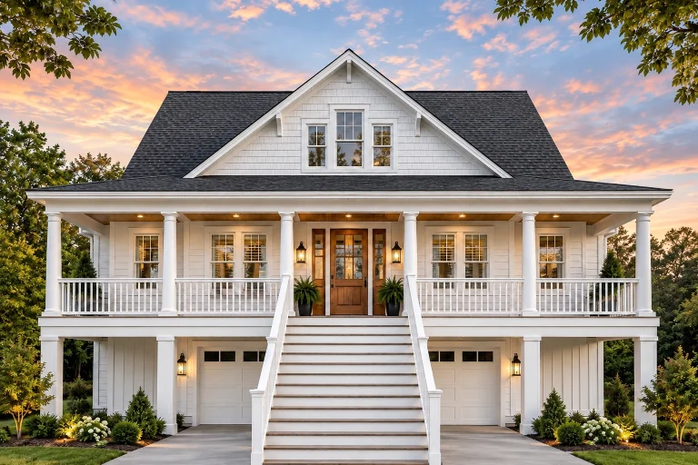 House Plans with Fireplace 22 Front elevation of a Coastal Low Country home featuring horizontal siding, shingle gable accents, raised pier foundation, and a metal roof