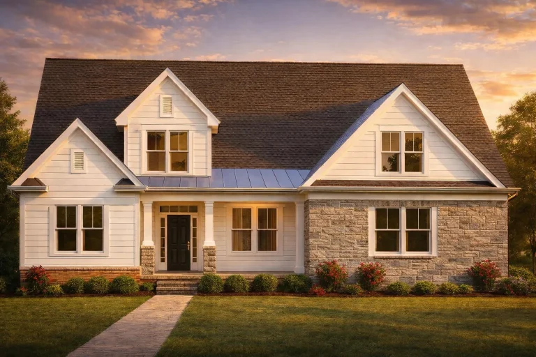 Front elevation of Modern Farmhouse style home with horizontal lap siding, stone veneer, gabled rooflines, and covered front porch