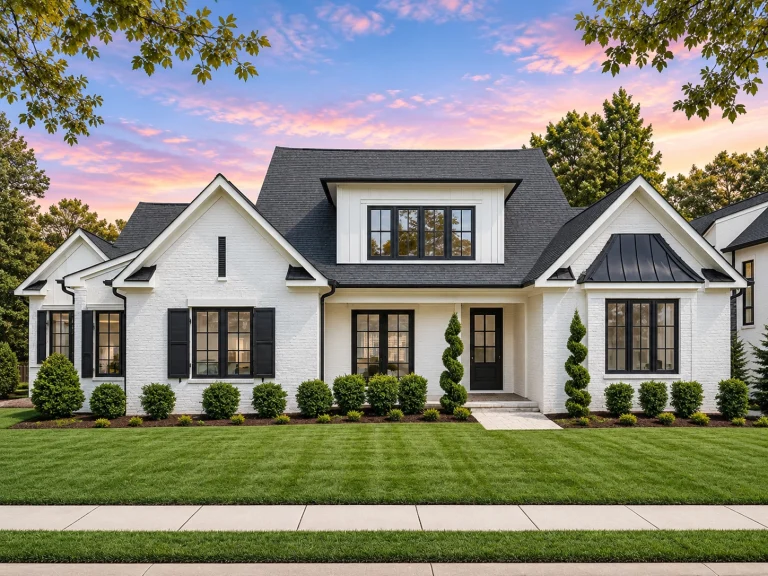 Front elevation of Modern Farmhouse style home with white board and batten siding, black windows, gabled rooflines, and covered entry porch