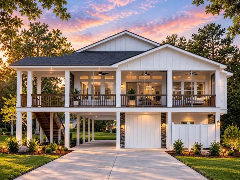Front elevation of a Southern Low Country style home with raised brick foundation, horizontal siding, covered front porch, and traditional columns
