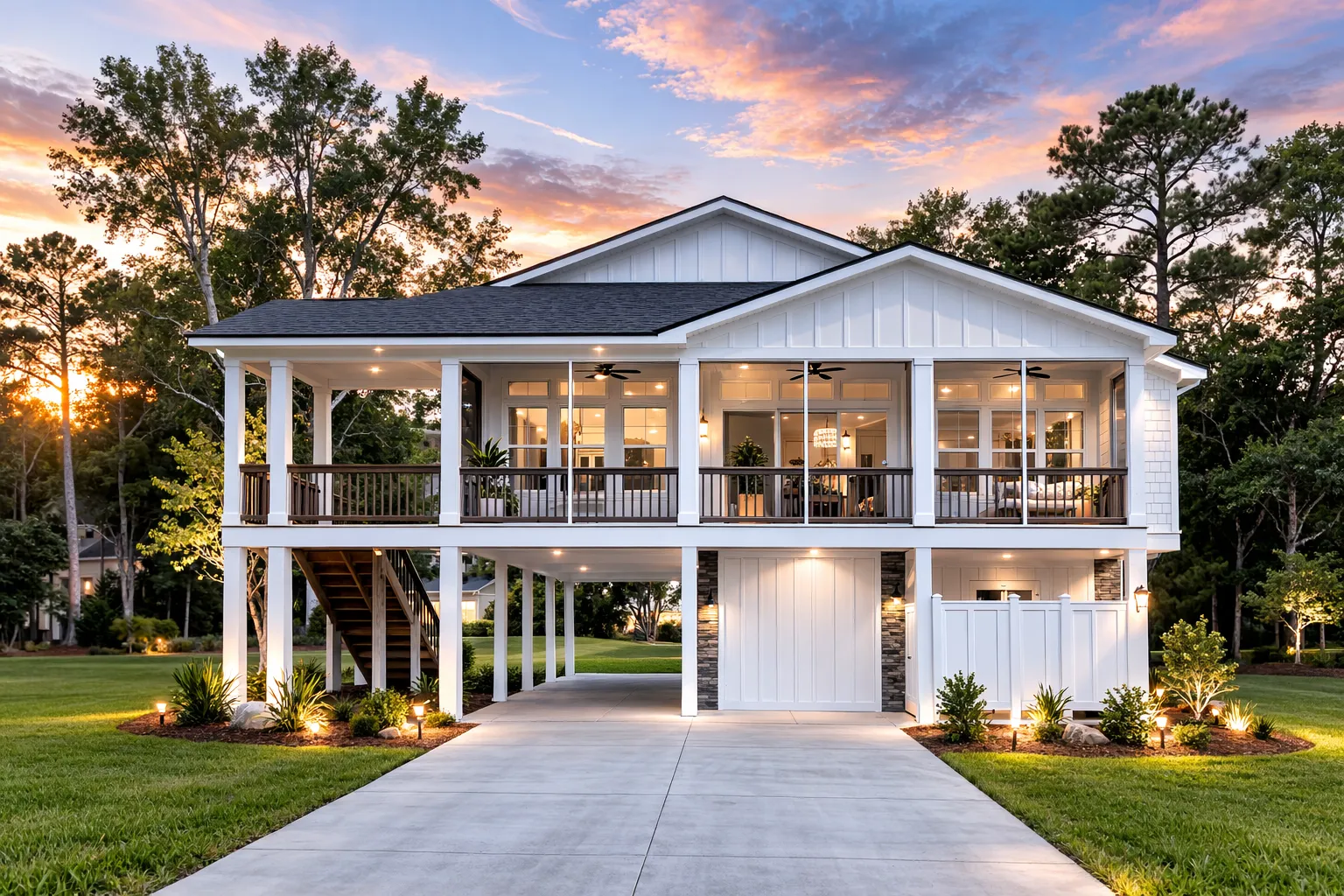 Front elevation of a Southern Low Country style home with raised brick foundation, horizontal siding, covered front porch, and traditional columns