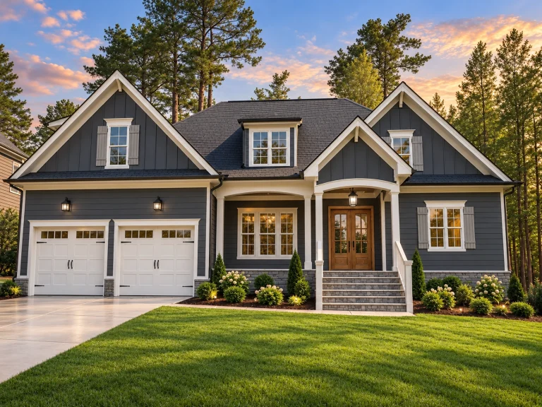 House Plans with Fireplace 23 Front exterior view of a New American Modern Traditional home with Craftsman influences, featuring board and batten siding, stone accents, covered porch, and attached garage