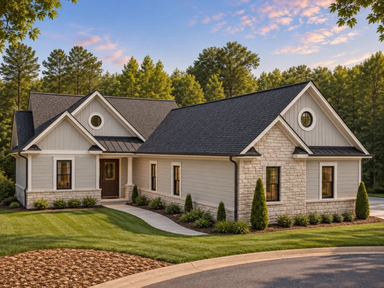 Ranch House Plans 15 Front elevation of a Traditional Ranch house with horizontal siding, stone veneer exterior, gabled rooflines, and landscaped entry