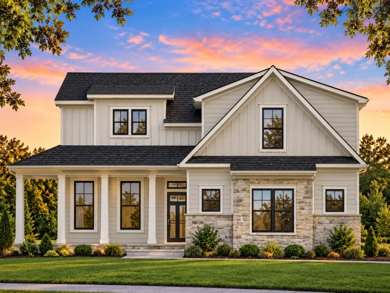 Front elevation of a modern farmhouse style home with board and batten siding, stone accents, gabled rooflines, and covered front porch