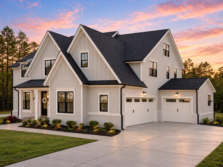 Front view of Modern Farmhouse style home featuring white painted brick, board and batten siding, black metal roofing accents, and dark window frames surrounded by manicured landscaping