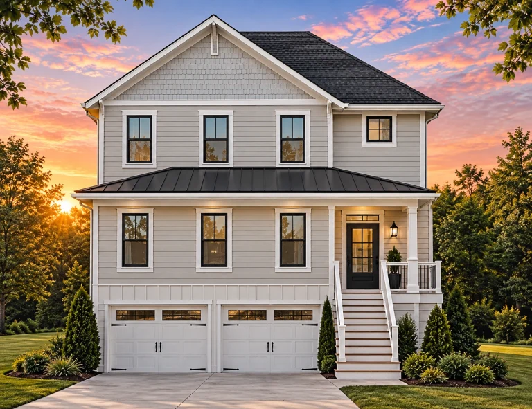 House Plans with Terrace 20 Front elevation of a Coastal Traditional style garage apartment home with horizontal lap siding, metal porch roof, exterior stairs, and elevated living space