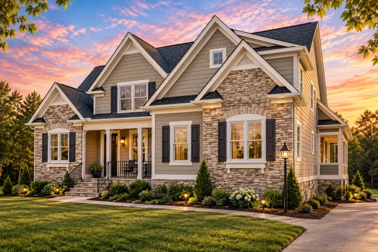 Front elevation of a Traditional Craftsman Farmhouse featuring stone and horizontal lap siding, multiple gables, and white trim accents.