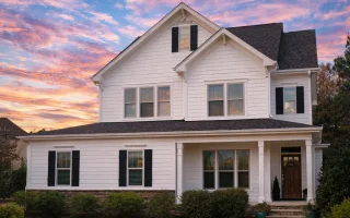Front elevation of a New American style farmhouse home with white horizontal siding, stone foundation accents, black shutters, and a covered front porch
