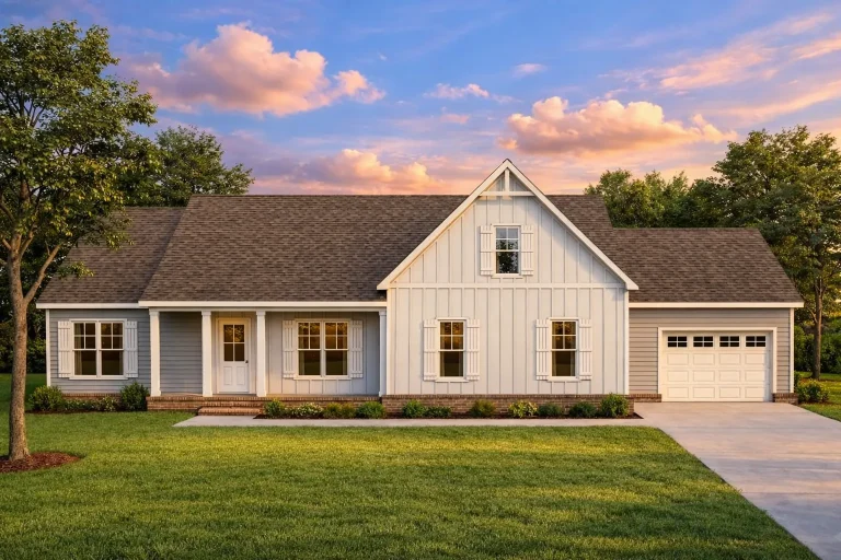 Front elevation of a Modern Farmhouse Ranch home featuring board and batten siding, horizontal lap siding, and a brick water table