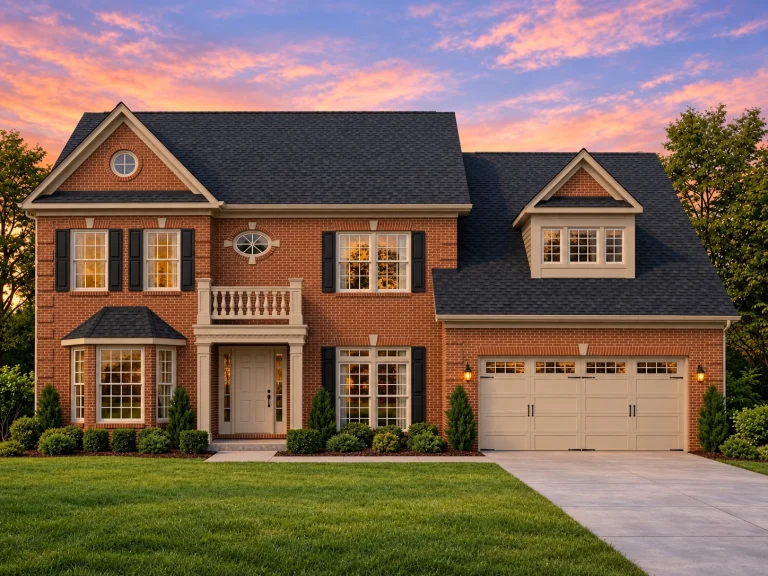 Front elevation of a Traditional Colonial style home featuring brick exterior, lap siding, gabled rooflines, and attached two-car garage