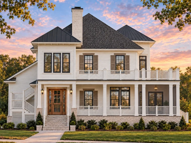 Front elevation of a Charleston style Southern Colonial home featuring white horizontal siding, brick foundation, double porches, black shutters, and classic coastal traditional architecture