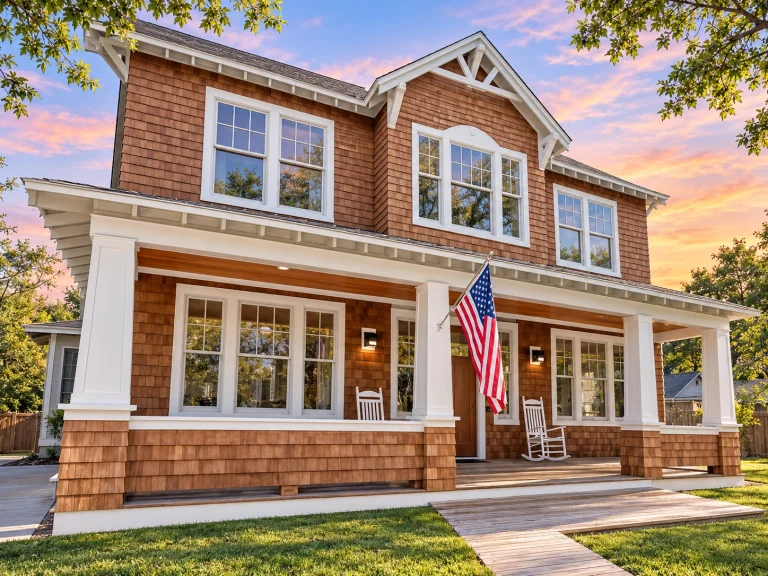 Front exterior of a Charleston style Southern home with brick façade, double stacked porches, white columns, and traditional colonial detailing