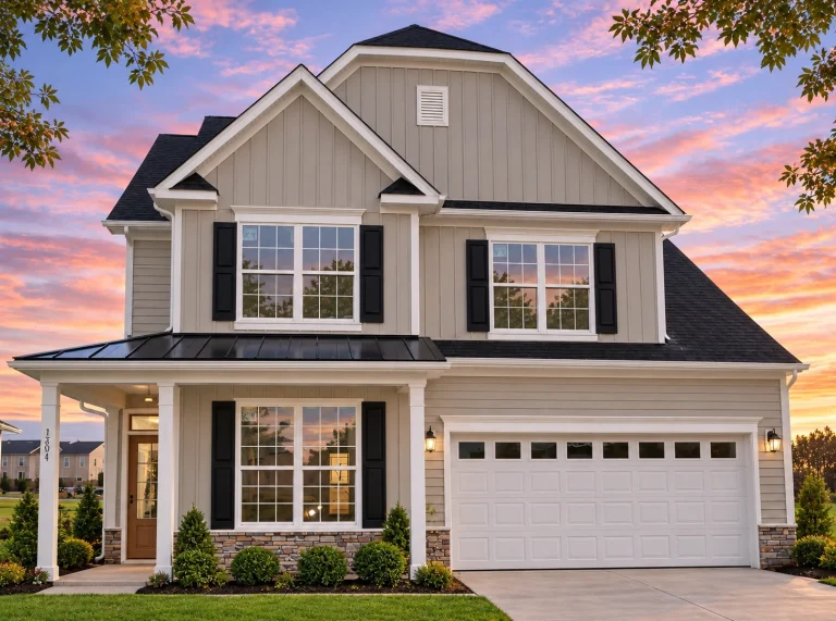House Plans with Wraparound Porch 15 Front elevation of a modern farmhouse with white horizontal siding, board and batten gable, stone base, and attached two-car garage