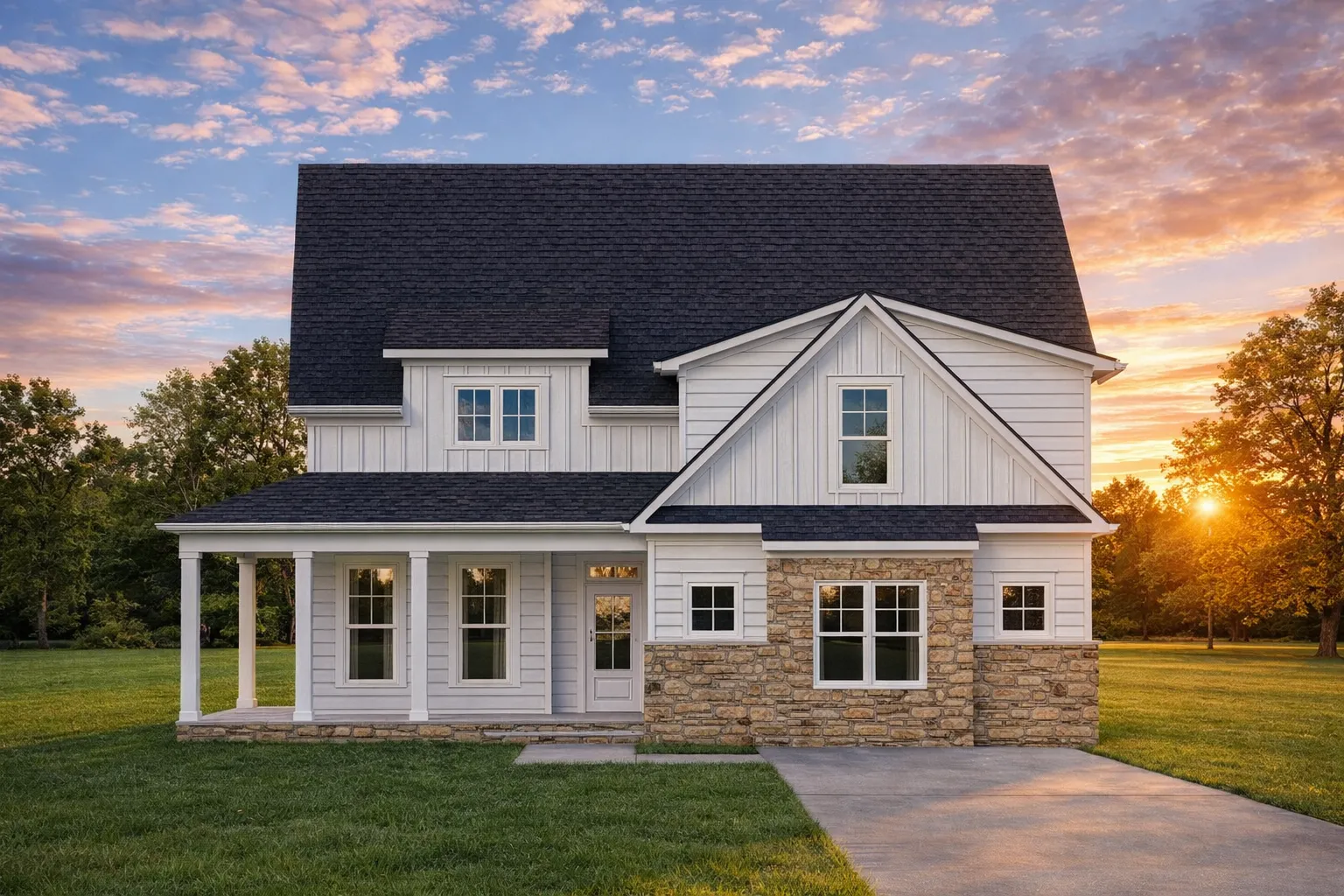 Front elevation of a modern farmhouse style home with board and batten siding, stone accents, gabled rooflines, and covered front porch