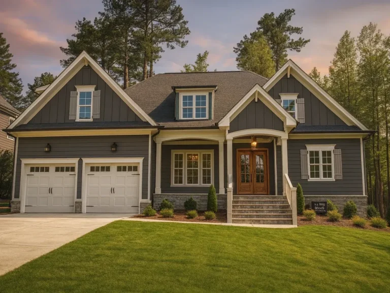 Front exterior view of a New American Modern Traditional home with Craftsman influences, featuring board and batten siding, stone accents, covered porch, and attached garage