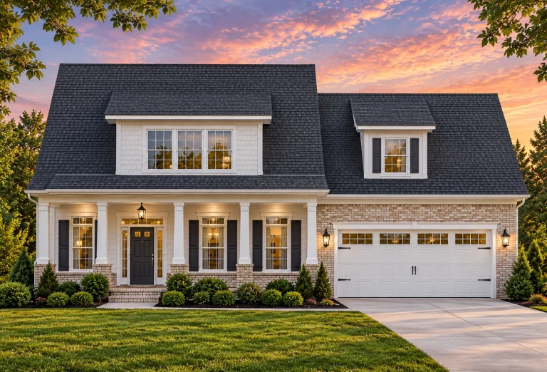 Front elevation of a Traditional Suburban home featuring Neo-Colonial elements, horizontal lap siding, symmetrical windows, and a welcoming covered porch