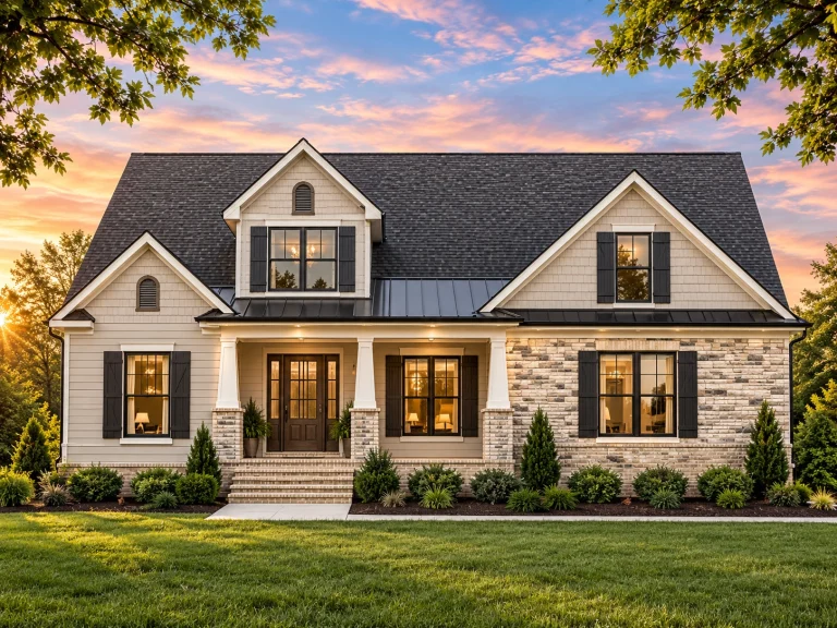 Front elevation of Modern Farmhouse style home with horizontal lap siding, stone veneer, gabled rooflines, and covered front porch
