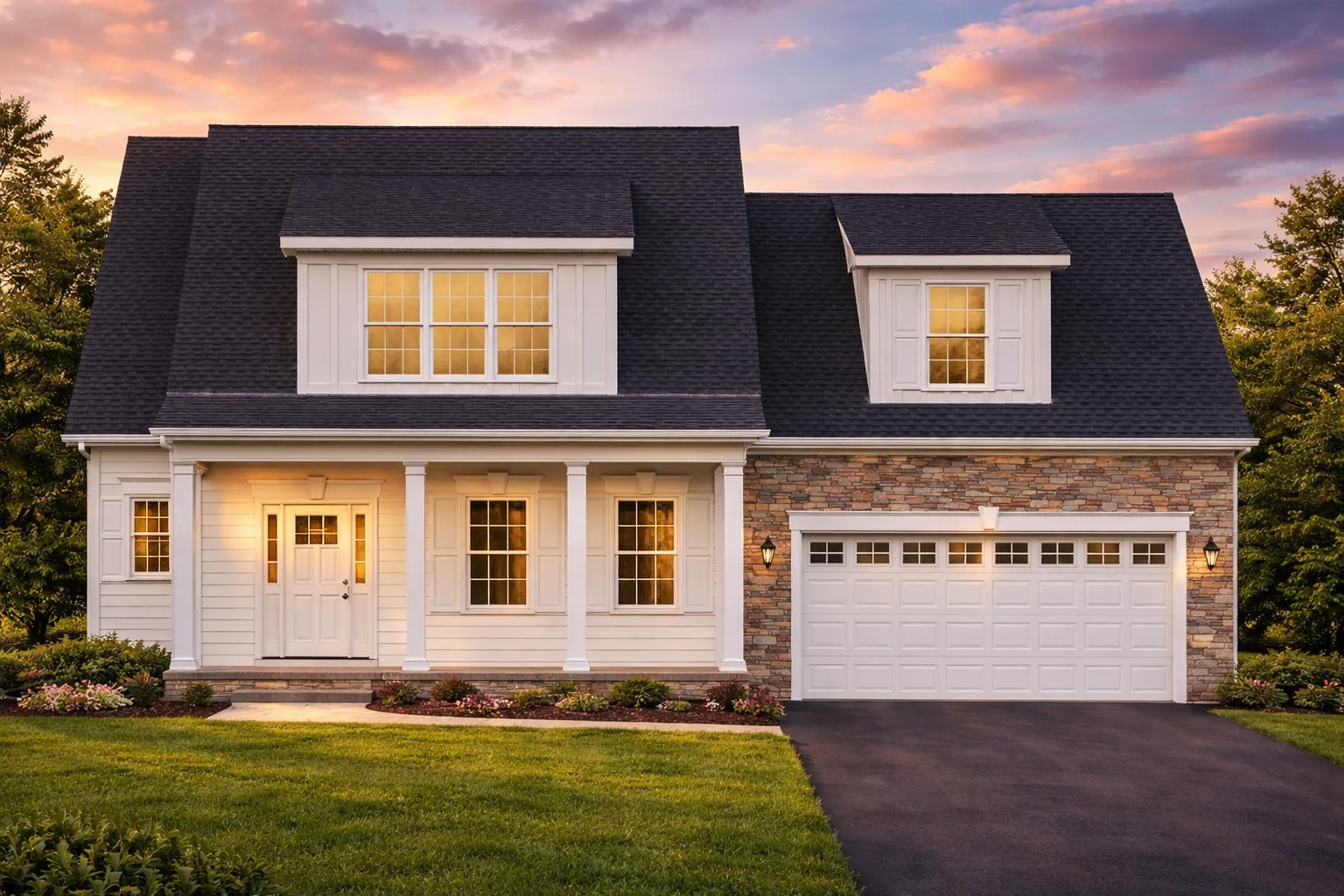 Front elevation of a Traditional Suburban home featuring Neo-Colonial elements, horizontal lap siding, symmetrical windows, and a welcoming covered porch