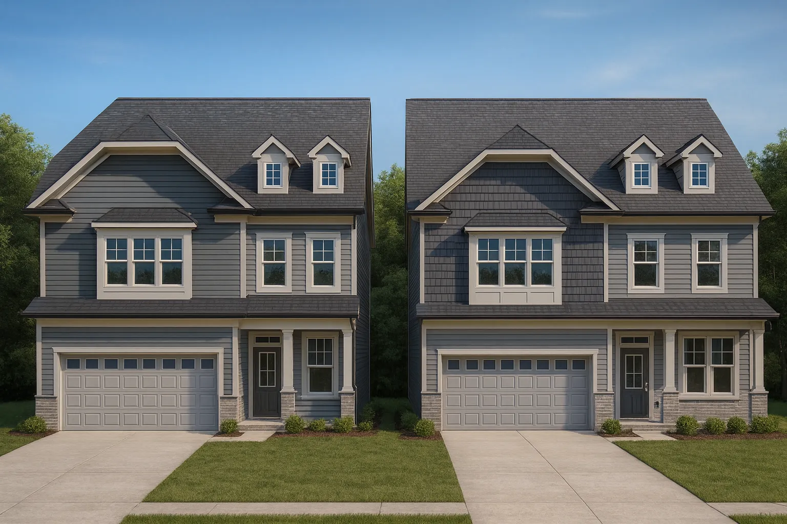 Front view of a two-story Traditional Colonial home featuring horizontal siding, shingle accents, and stone detailing with symmetrical windows and a double garage.