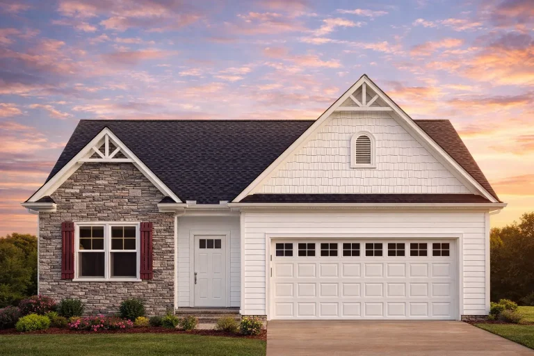 Front elevation of a Traditional Suburban style home featuring brick and horizontal siding, gabled rooflines, and a two-car front-entry garage