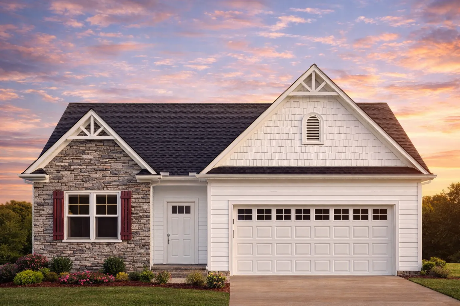 House Plans with Side-Load Garage 27 Front elevation of a Traditional Suburban style home featuring brick and horizontal siding, gabled rooflines, and a two-car front-entry garage