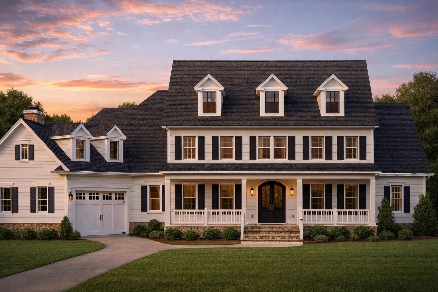 Front elevation of a Traditional Colonial style home with symmetrical design, horizontal siding, brick foundation, dormer windows, and a wide covered front porch