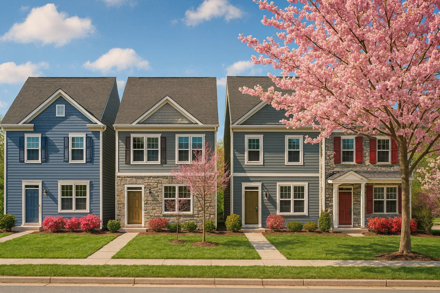Front view of a two-story Traditional Colonial home featuring horizontal siding, stone veneer accent, and red shutters for timeless curb appeal.