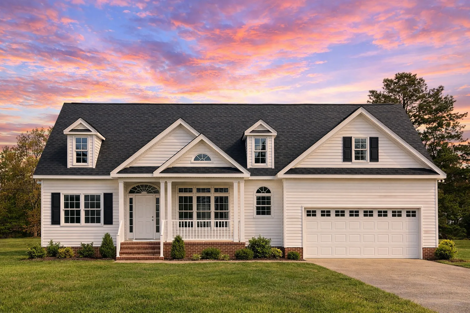 Front view of a Traditional Colonial style home featuring beige siding, stone base accents, black shutters, and a welcoming covered front porch entry
