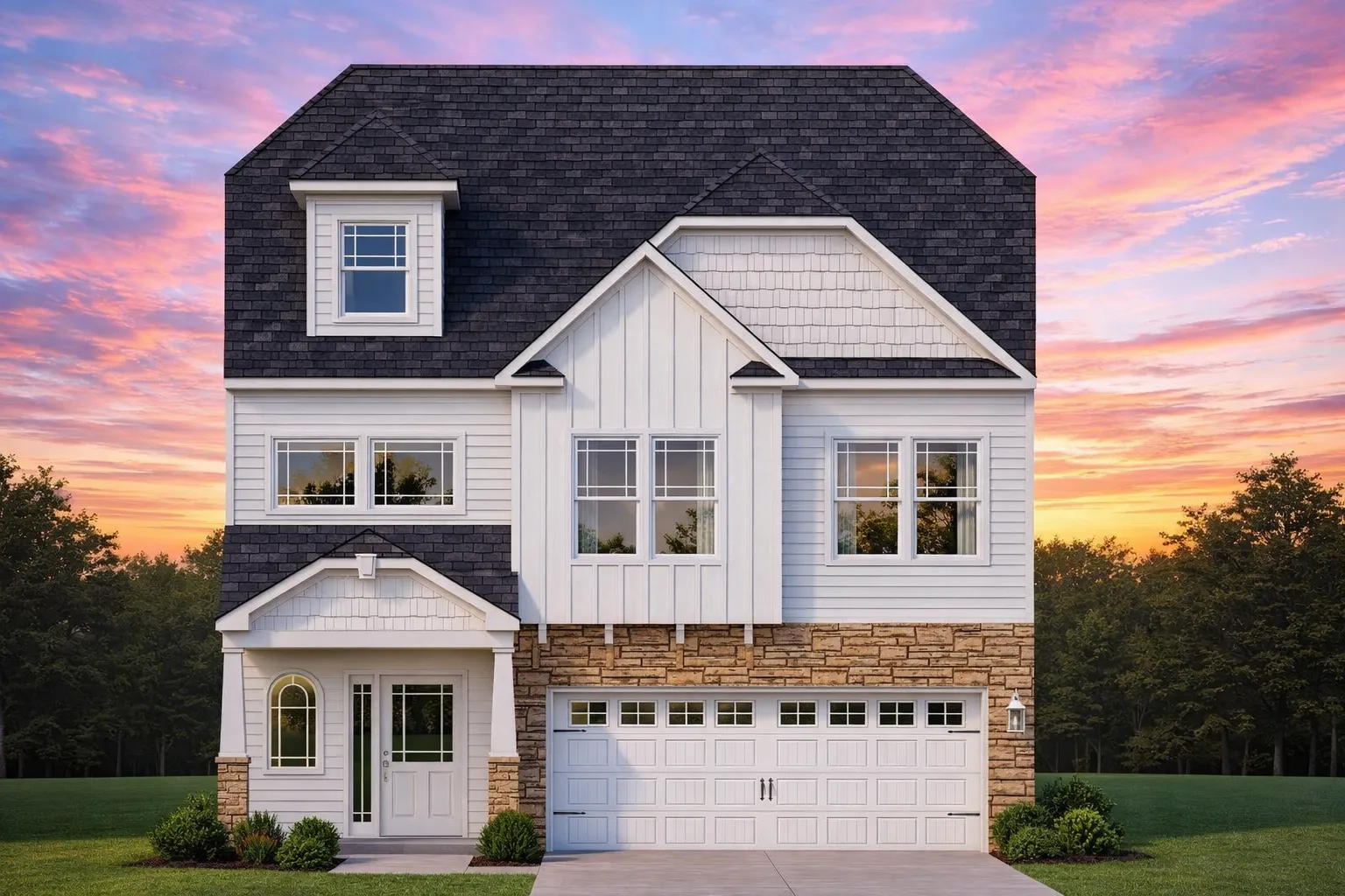 Front elevation of a New American modern traditional house with horizontal siding, shingle gable accents, and a two-car front entry garage