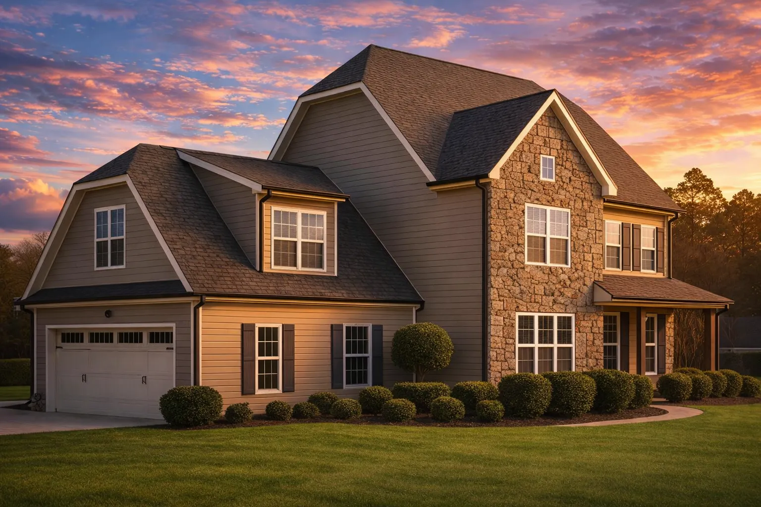Front view of a Traditional Colonial style home featuring a stone façade, horizontal siding, and gabled rooflines under a clear blue sky