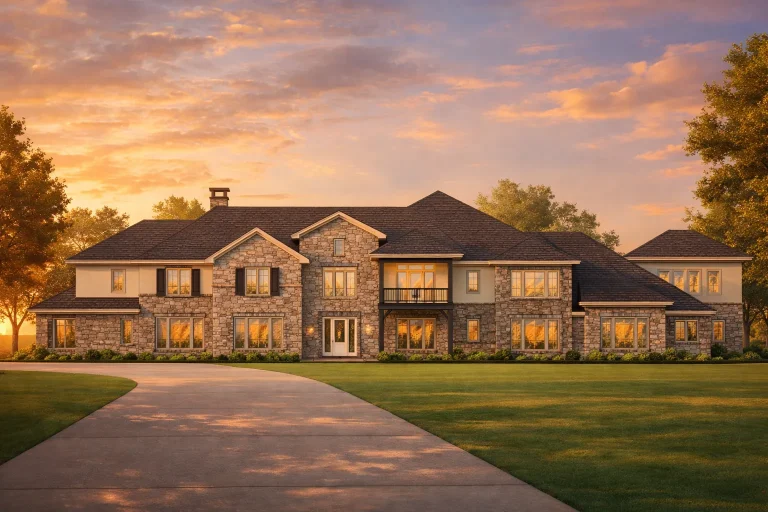 Front elevation of a luxury New American modern traditional house featuring natural stone, horizontal siding, expansive windows, and a grand symmetrical facade