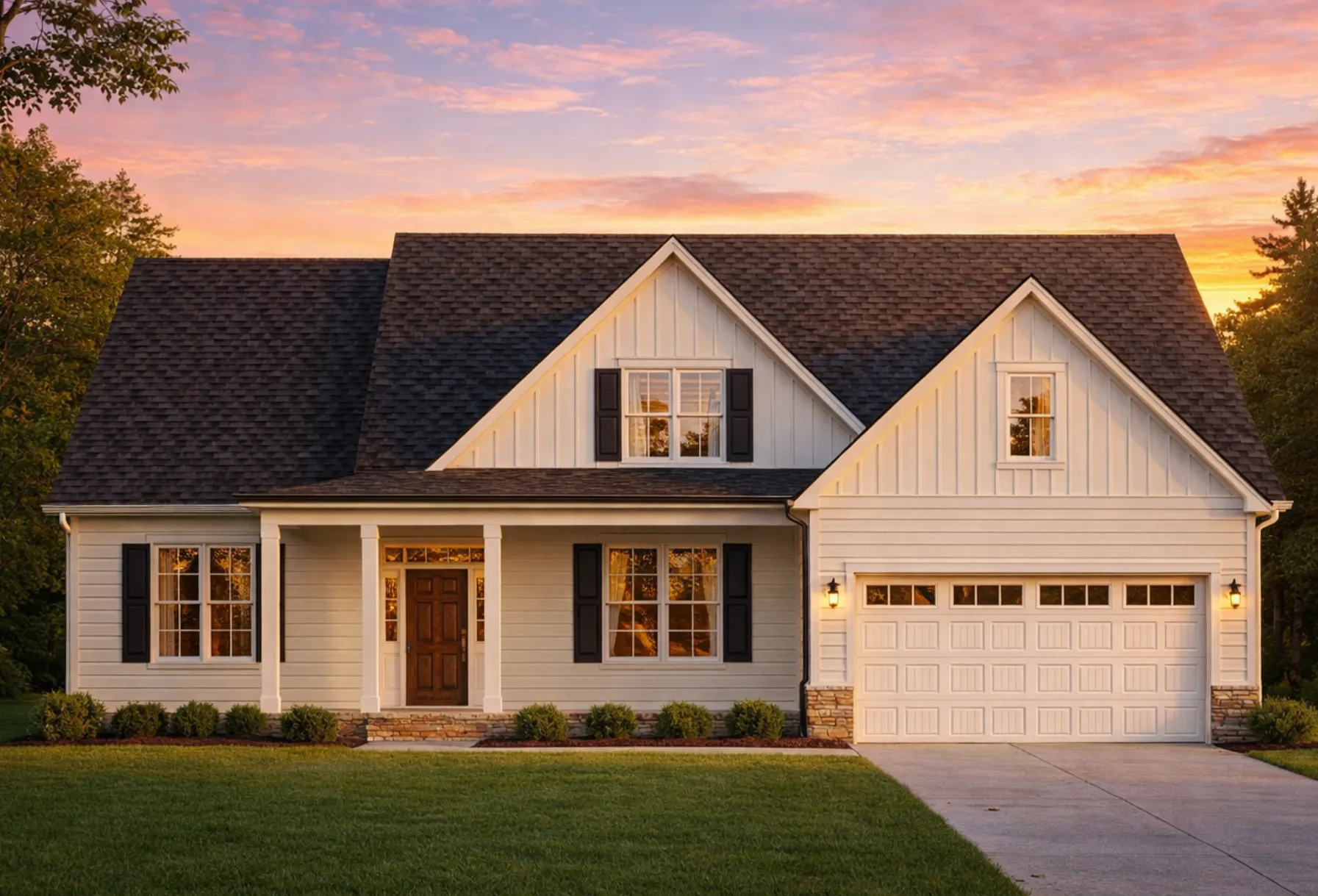 Front elevation of a Modern Farmhouse style home featuring board and batten siding, gabled rooflines, black window accents, and a welcoming covered front porch