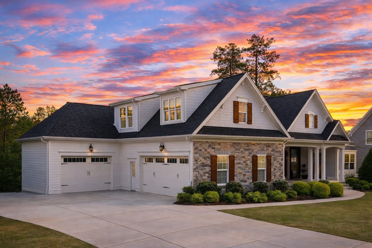 Front elevation of a Traditional Ranch style home with horizontal siding, stone gable accent, and welcoming covered entry