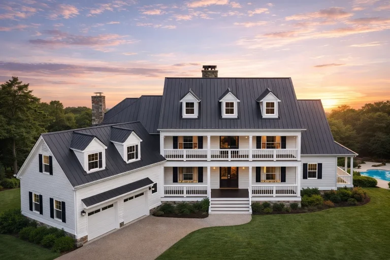 Front elevation of a Traditional Colonial style home with symmetrical design, horizontal siding, brick foundation, dormer windows, and a wide covered front porch