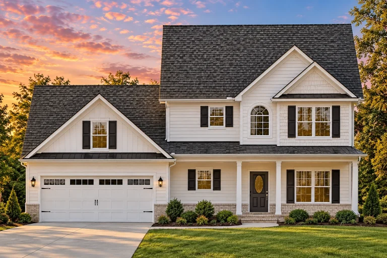 Southwestern House Plans 17 Front elevation of a Traditional Colonial two-story home featuring horizontal siding, stone accents, black shutters, and a welcoming covered porch entry