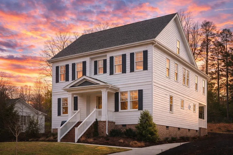 Front elevation of a Colonial style home with symmetrical windows, horizontal siding, shingle upper exterior, and centered entry porch