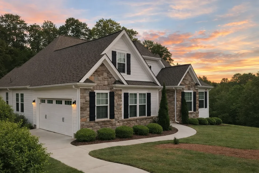 Front elevation of traditional brick suburban home with stone accents, gabled rooflines, shutters, and manicured landscaping