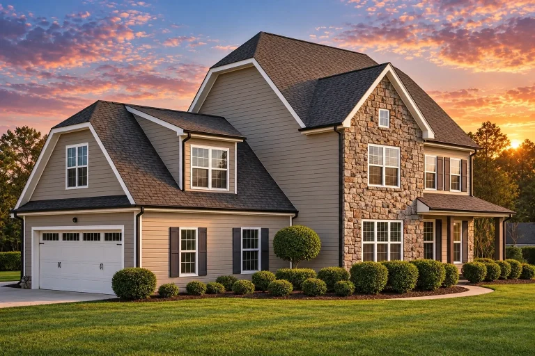 Contemporary House Plans 17 Front view of a Traditional Colonial style home featuring a stone façade, horizontal siding, and gabled rooflines under a clear blue sky