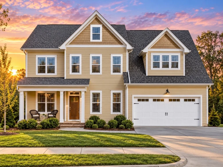 Front exterior of a New American Modern Traditional style home with horizontal lap siding, symmetrical façade, front porch, and attached two-car garage