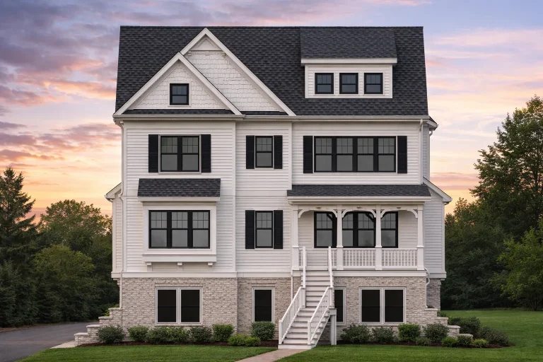 Front elevation of a Traditional Colonial New American style home featuring horizontal siding, stone foundation, steep gabled roof, and covered front porch
