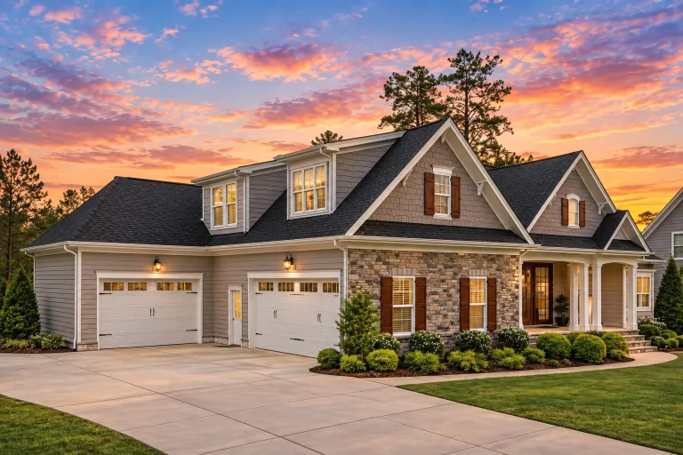 Front elevation of a Traditional Ranch style home with horizontal siding, stone gable accent, and welcoming covered entry